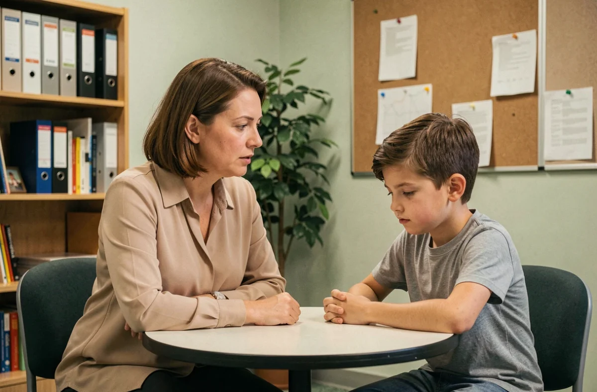 Enseignante ou psychologue scolaire en entretien avec un jeune élève en difficulté dans un bureau de suivi scolaire, exprimant écoute et bienveillance
