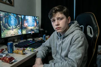 Adolescent épuisé devant des écrans de jeux vidéo dans une chambre encombrée, illustrant les risques d'une utilisation excessive des jeux vidéo