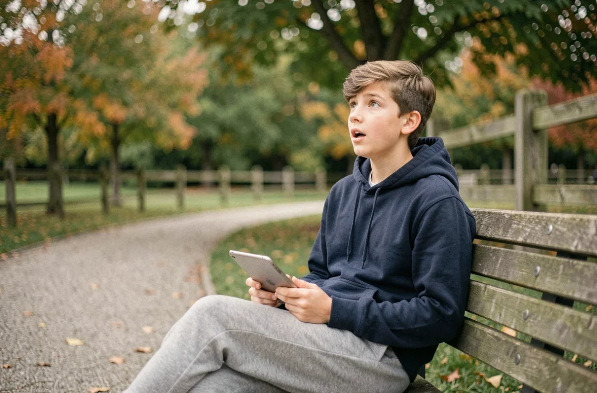 Adolescent levant les yeux de sa tablette dans un parc en automne pour se reconnecter à la nature