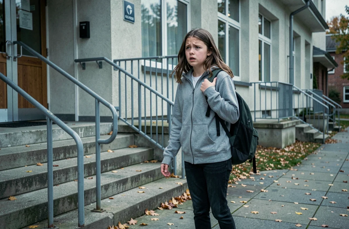Adolescente en situation de blocage scolaire hésitant à entrer dans son école, expression d'anxiété visible devant le bâtiment scolaire