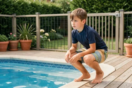 Adolescent d'environ 12 ans au bord d'une piscine privée sécurisée, illustrant les règles de surveillance et d'âge requis pour nager seul
