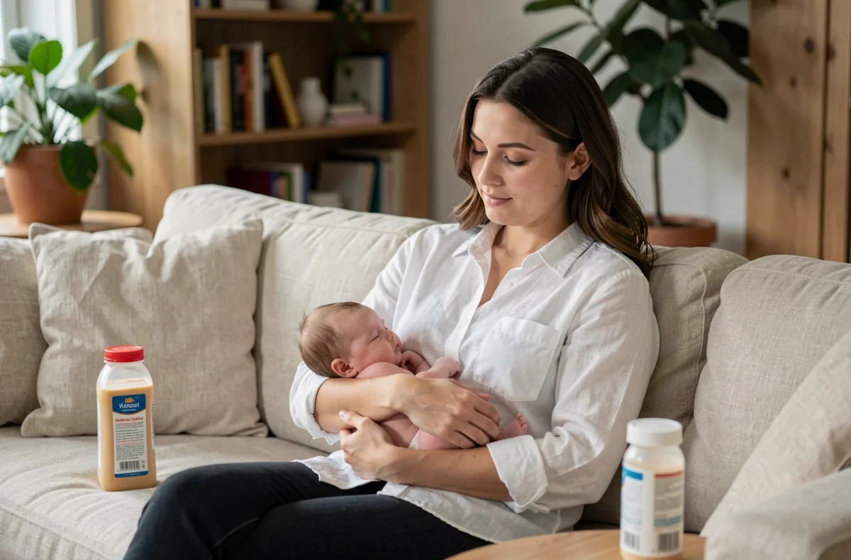 Femme qui allaite son bébé au sein dans un salon avec un biberon de lait maternisé prêt à l'emploi, symbolisant la transition vers l'allaitement mixte