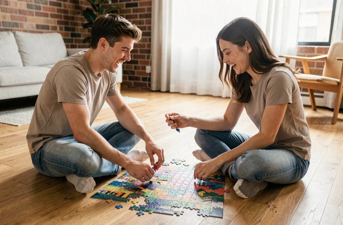 Deux amis jouant ensemble à un puzzle coloré assis sur le sol d'un appartement urbain moderne