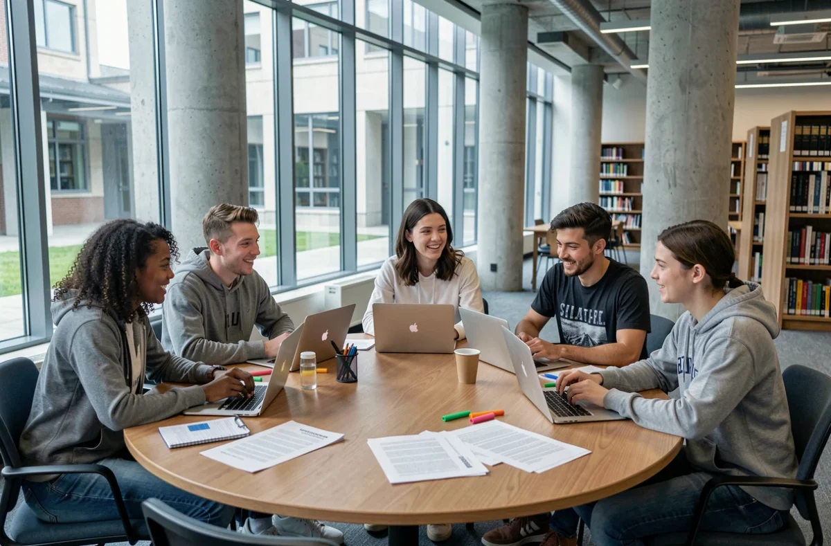 Groupe d'étudiants en apprentissage collaboratif autour d'une table dans une bibliothèque universitaire