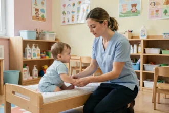 ATSEM effectuant le change d'un tout-petit dans une salle de crèche municipale, illustrant le rôle et les missions de l'ATSEM