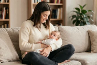 Mère tenant son bébé calme et silencieux dans ses bras sur un canapé, illustrant un nourrisson qui ne pleure pas