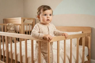 Tout-petit debout dans un lit pour tout-petits en bois avec barrières de sécurité basses, portant un pyjama en coton étoilé dans une chambre au décor scandinave neutre