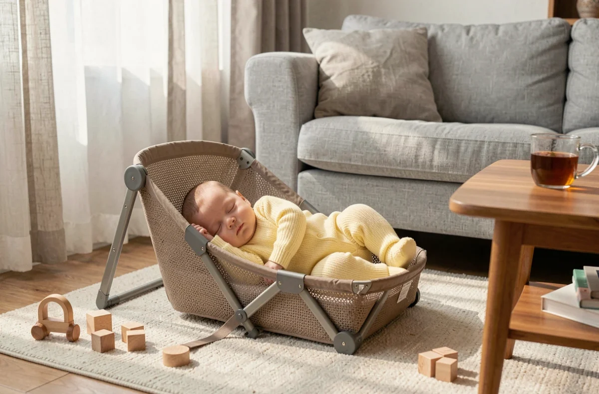 Bébé de 6 mois endormi dans un couffin pliable posé sur le sol d'un salon familial lumineux
