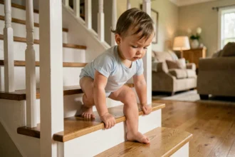 Bébé de 18 mois grimpant les premières marches d'un escalier en bois à la maison, illustrant le développement moteur et l'apprentissage de la grimpe chez le nourrisson