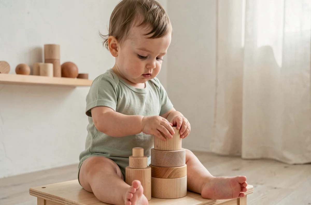 Bébé fille concentrée manipulant des cylindres en bois Montessori dans une chambre aménagée selon la pédagogie Montessori