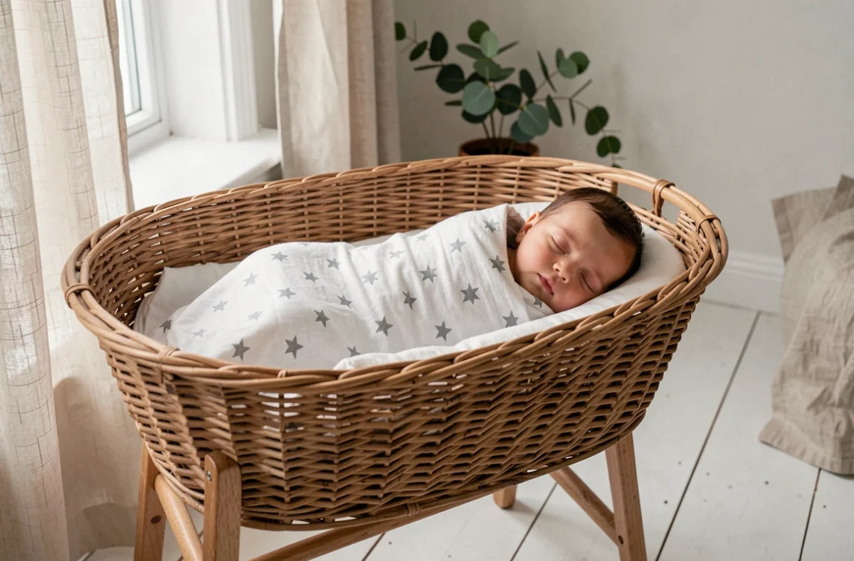 Bébé de 3 mois emmailloté et endormi dans un couffin en osier naturel installé près d'une fenêtre lumineuse