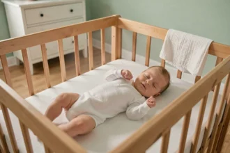 Bébé de 4 mois endormi paisiblement dans un lit à barreaux en bois dans une chambre de bébé décorée en vert sauge