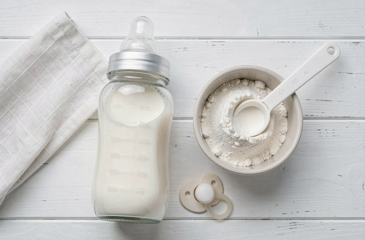 Biberon de lait infantile en verre avec une mesure de lait en poudre pour nouveau-né sur fond blanc
