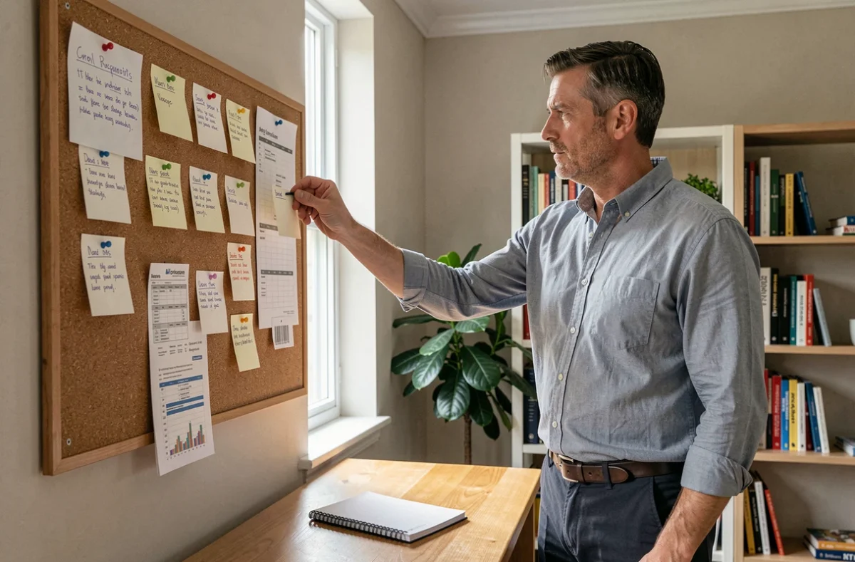Homme organisant ses tâches professionnelles et domestiques sur un tableau liège dans un bureau à domicile