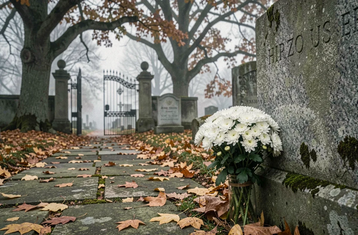 Allée de cimetière en automne avec des chrysanthèmes blancs déposés sur une pierre tombale en granit, évoquant le recueillement et le respect du délai légal avant l'enterrement