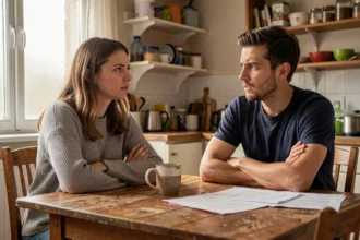 Frère et sœur adultes en discussion tendue autour d'une table de cuisine, illustrant les tensions émotionnelles fraternelles et le complexe d'Œdipe entre siblings