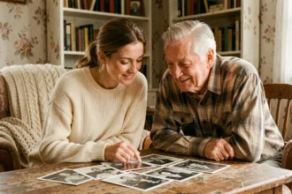 Une jeune femme et un homme âgé partagent des souvenirs en regardant de vieilles photographies ensemble dans un salon chaleureux