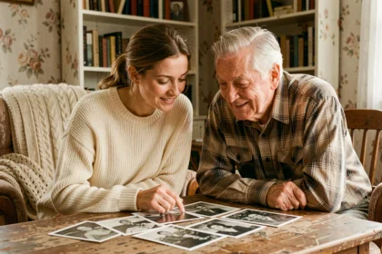 Une jeune femme et un homme âgé partagent des souvenirs en regardant de vieilles photographies ensemble dans un salon chaleureux