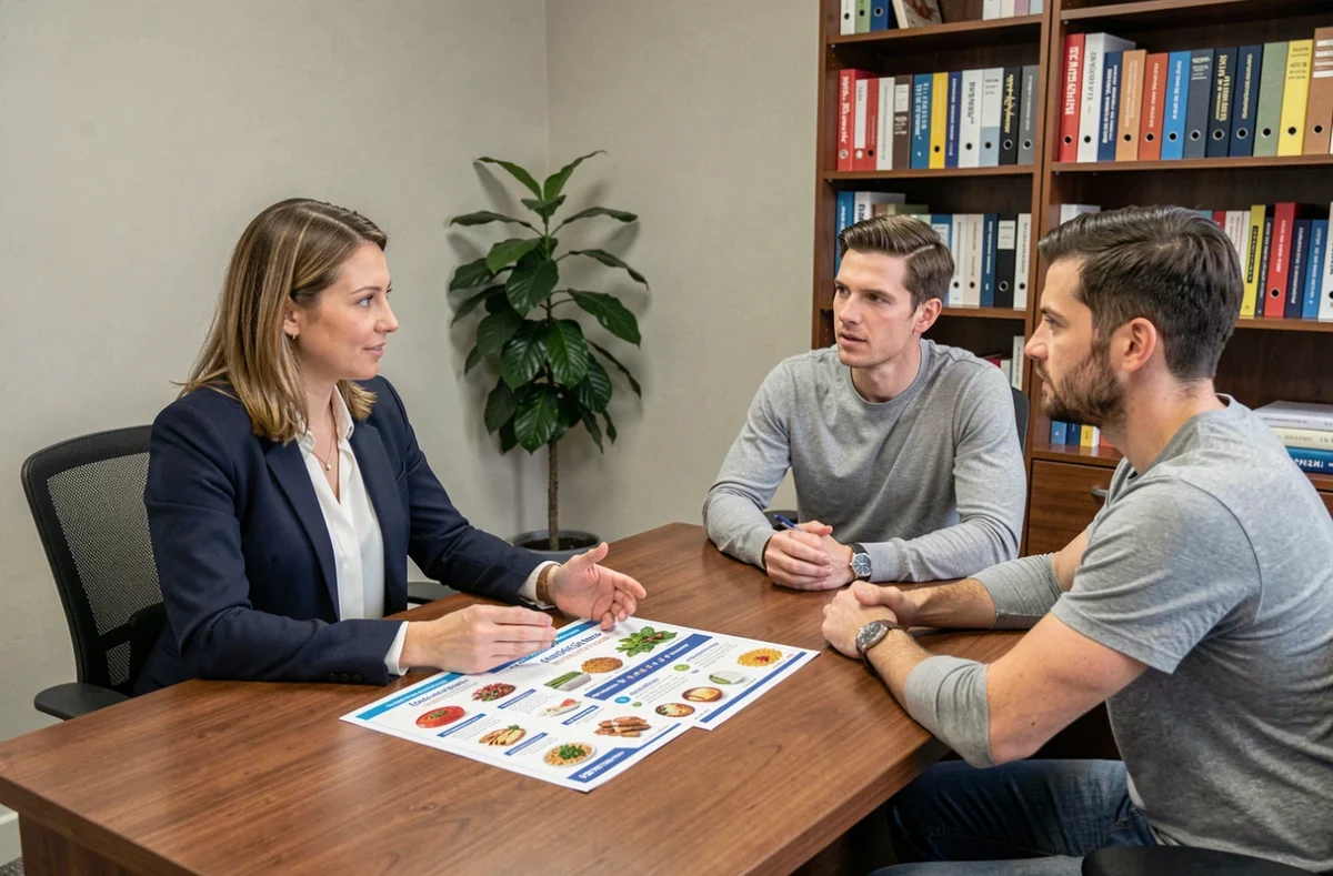 Nutritionniste pédiatrique expliquant un programme de diversification alimentaire à des jeunes parents lors d'une consultation