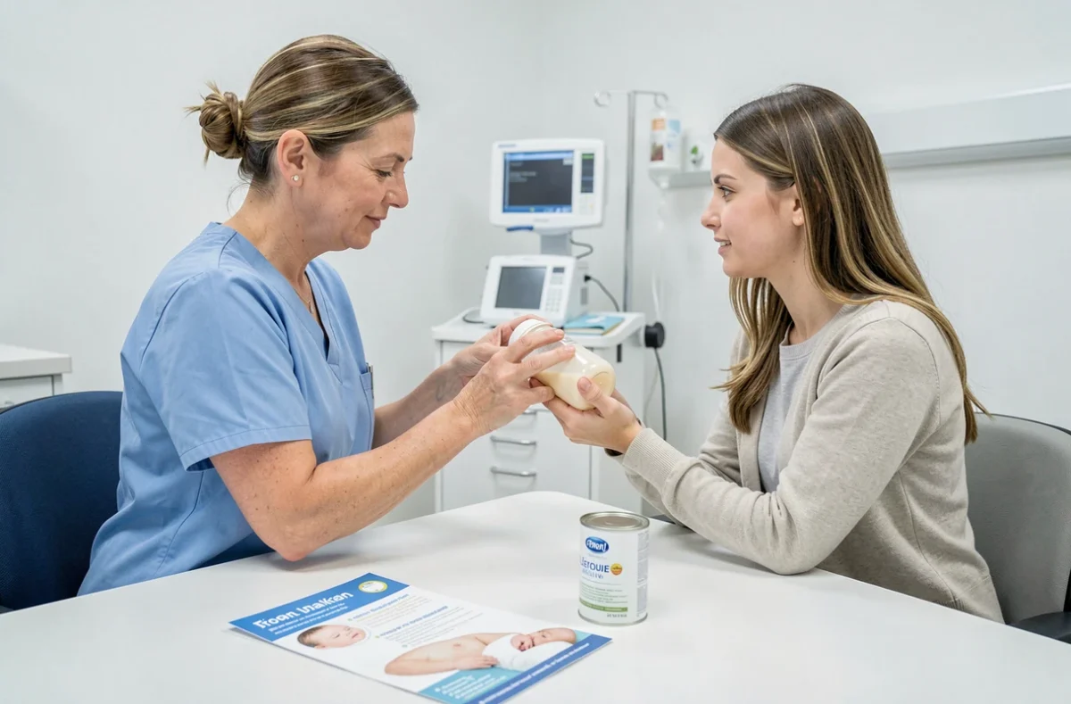 Infirmière pédiatrique expliquant l'allaitement mixte à une jeune mère lors d'une consultation médicale, avec un biberon et des documents d'information sur la table