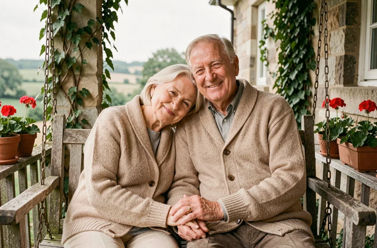 Couple de personnes âgées assis sur un balcon en bois, tenant la main et symbolisant l'amour durable et la solidarité familiale