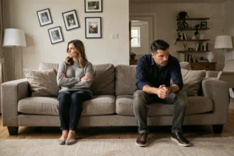 Couple en crise assis à distance l'un de l'autre sur un canapé dans un salon moderne, illustrant une relation en difficulté pouvant mener au divorce.