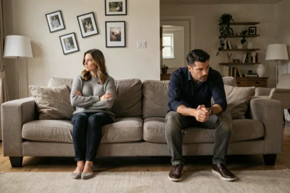 Couple en crise assis à distance l'un de l'autre sur un canapé dans un salon moderne, illustrant une relation en difficulté pouvant mener au divorce.
