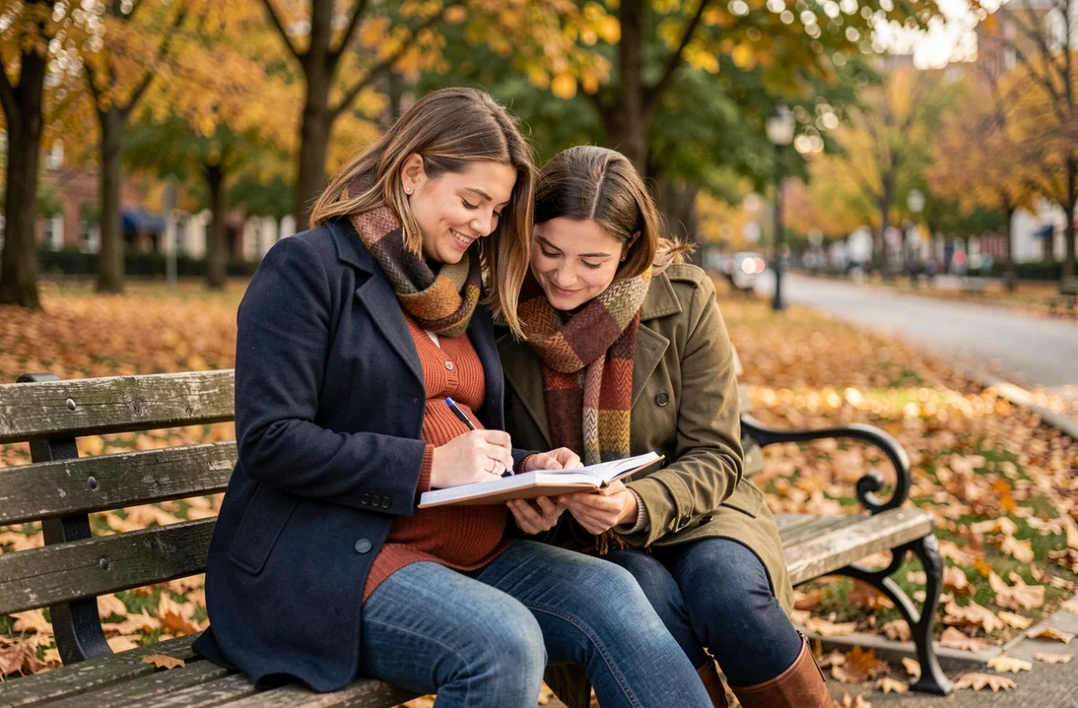 Couple attendant un enfant assis sur un banc de parc en automne, préparant ensemble l'arrivée du bébé avec un carnet de notes