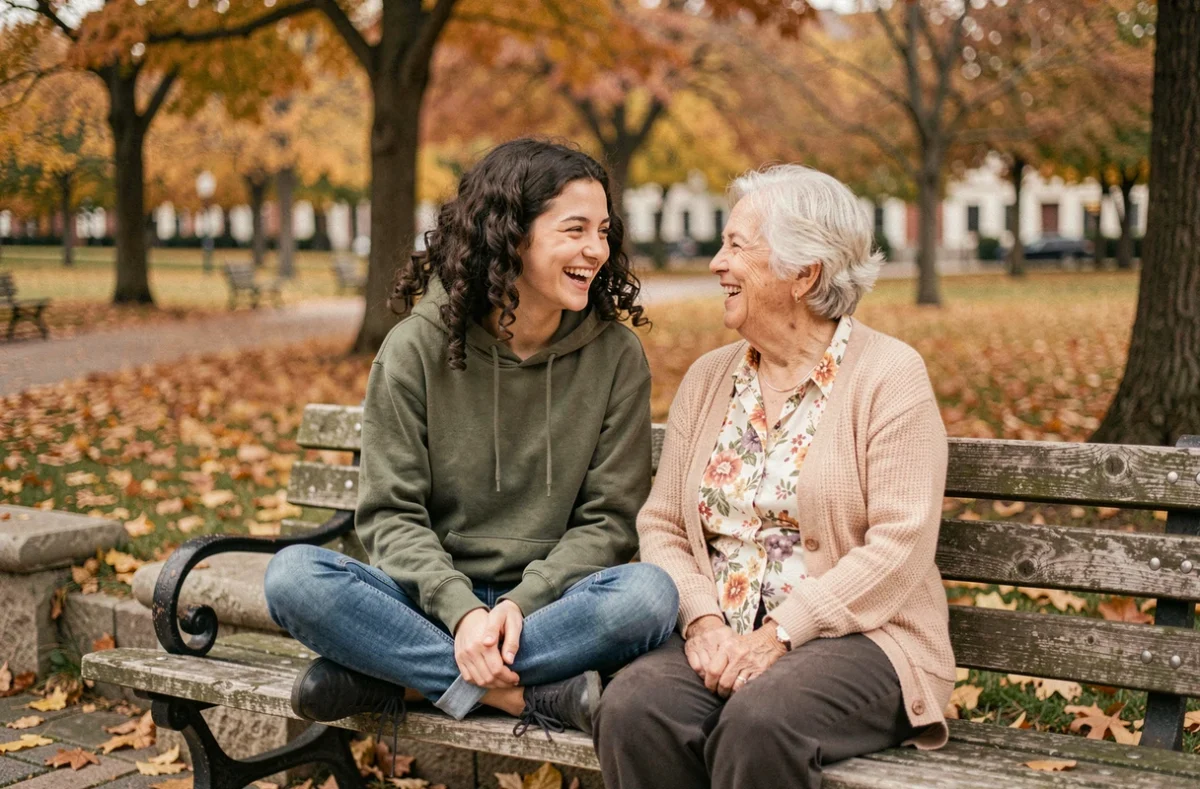 Une adolescente et une femme âgée rient ensemble sur un banc de parc en automne lors d'une conversation intergénérationnelle