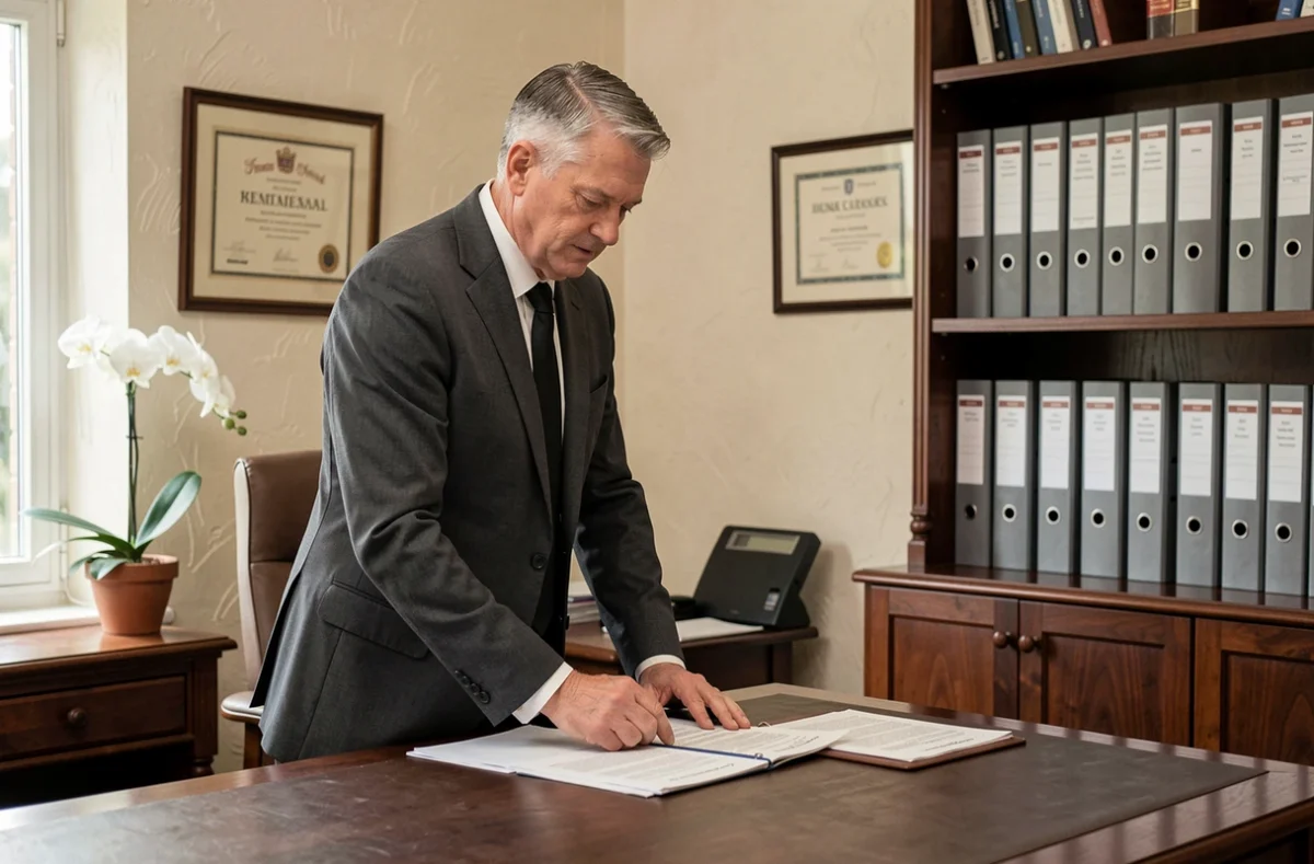 Directeur de pompes funèbres en costume gris consultant des documents administratifs dans un bureau, illustrant les démarches légales autour du délai de 3 jours avant l'enterrement