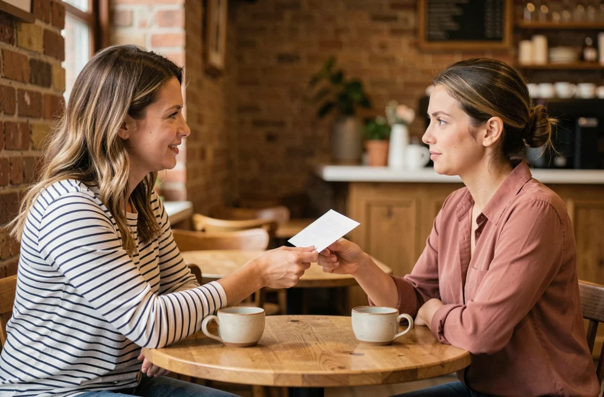 Deux femmes s'échangeant un message gentil écrit à la main dans un café chaleureux