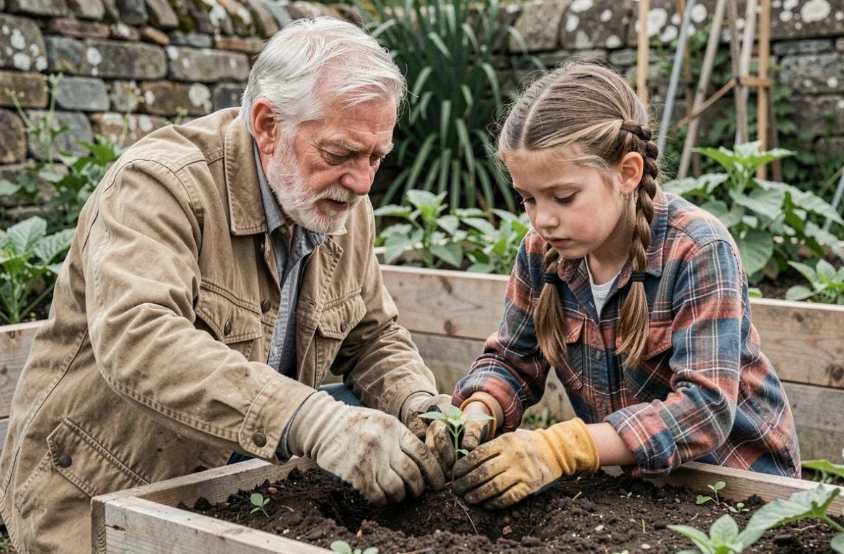 Grand-père guidant une fillette dans un jardin potager, apprentissage par l'expérience selon les principes de l'éducation naturelle de Rousseau