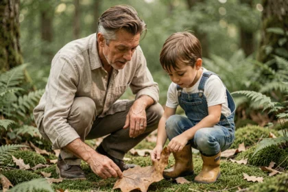 Éducateur accompagnant un enfant qui observe une feuille dans la nature, illustration de l'éducation positive inspirée de Rousseau