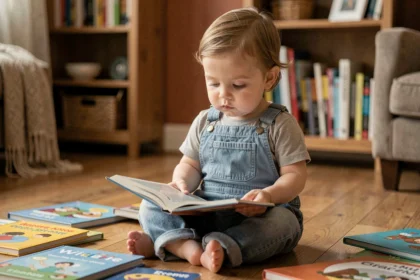 Enfant de 2 ans et demi assis sur un plancher en bois, feuilletant un livre illustré dans un salon chaleureux, représentant un retard de langage chez le jeune enfant