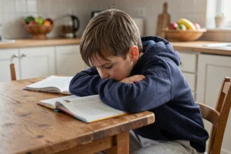 Enfant en blocage scolaire assis à une table de cuisine, les bras croisés, refusant de regarder ses cahiers ouverts