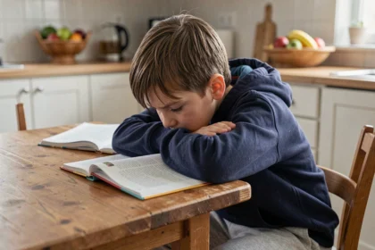 Enfant en blocage scolaire assis à une table de cuisine, les bras croisés, refusant de regarder ses cahiers ouverts