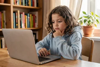 Jeune fille concentrée devant un ordinateur portable apprenant la cybersécurité à la maison