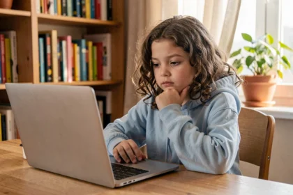 Jeune fille concentrée devant un ordinateur portable apprenant la cybersécurité à la maison