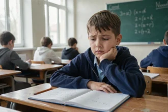 Jeune garçon en difficulté scolaire assis à son bureau en classe, regardant son cahier avec une expression de confusion et de découragement