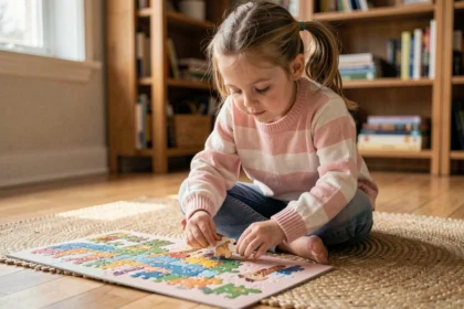 Petite fille de 5 ans assemblant un puzzle de 100 pièces sur un parquet en bois dans un salon cosy
