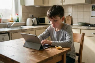 Enfant assis seul à une table de cuisine, regardant une tablette sans jouer, expression vide et isolée