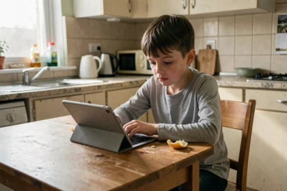 Enfant assis seul à une table de cuisine, regardant une tablette sans jouer, expression vide et isolée