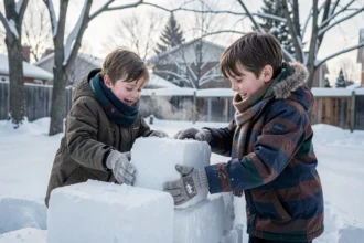 Deux enfants construisant un fort en neige dans un jardin enneigé en hiver