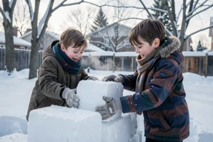 Deux enfants construisant un fort en neige dans un jardin enneigé en hiver