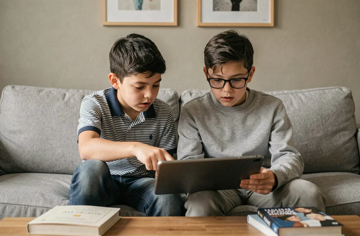 Deux garçons consultant ensemble une tablette pour apprendre les règles de sécurité sur internet