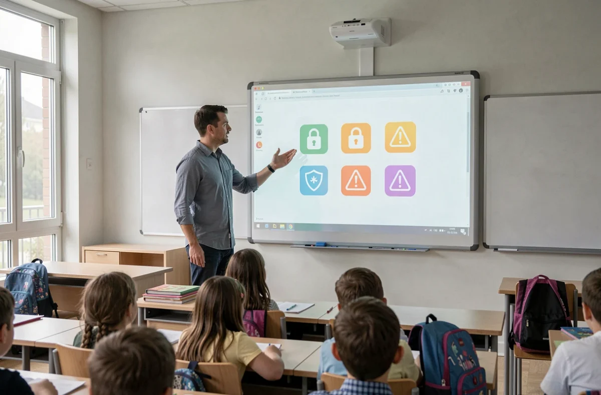 Enseignant expliquant la cybersécurité à des élèves devant un tableau interactif en classe