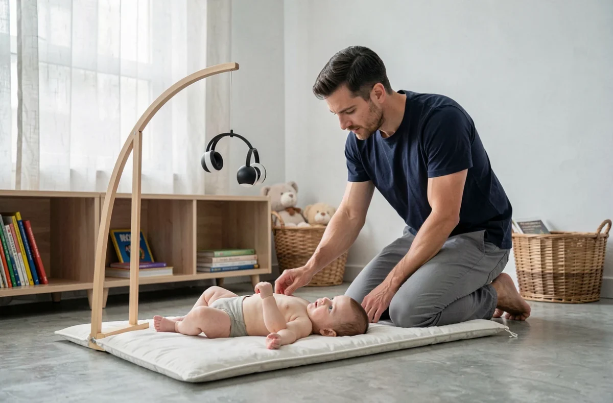 Père accompagnant son bébé en éveil Montessori avec un mobile en noir et blanc sur un futon au sol
