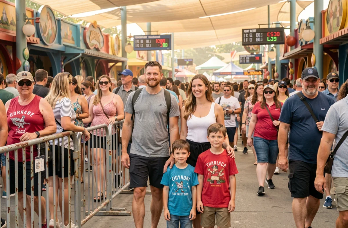 Une famille faisant la queue dans un parc d'attractions bondé le week-end, illustrant les temps d'attente élevés