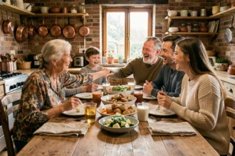 Famille multigénérationnelle réunie autour d'un repas convivial dans une cuisine rustique, illustrant le sens profond des liens familiaux