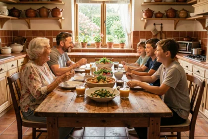 Famille multigénérationnelle réunie autour d'un repas convivial dans une cuisine authentique